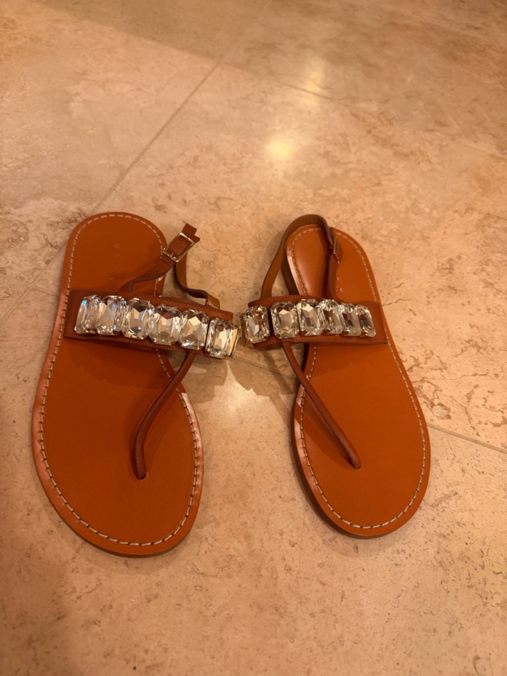 Marni Tan Jeweled T-Strap Sandals